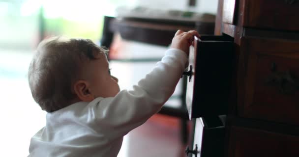 Baby Opening Furniture Drawers Infant Discovering Wooden Antique Cabinets — Stock Video