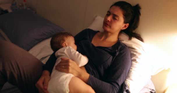 Candid Mother Breastfeeding Baby Infant Laid Bed Casually Authentic Real — Stock Video