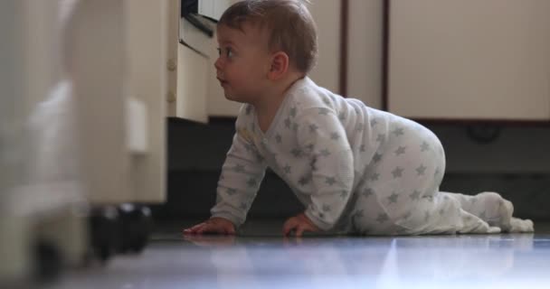 Curious Toddler Exploring Kitchen Cupboards Opening Discovering Cabinets — Stockvideo