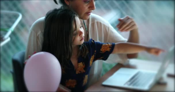 Mother Teaching Helping Daughter Child Homework Front Computer Screen — Stock video