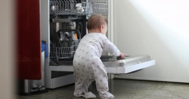 Lindo Bebé Jugando Con Lavavajillas Adorable Niño Pie Cocina Tocando — Vídeo de stock