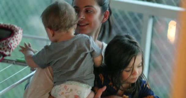 Candid Rela Life Mother Holding Children Arms Hugging Mom Holding — Wideo stockowe