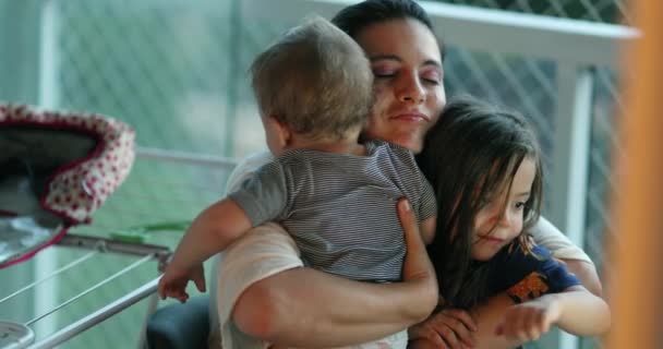 Mother Hugging Children Baby Daughter Arms Real Life Authentic Mom — Vídeo de Stock