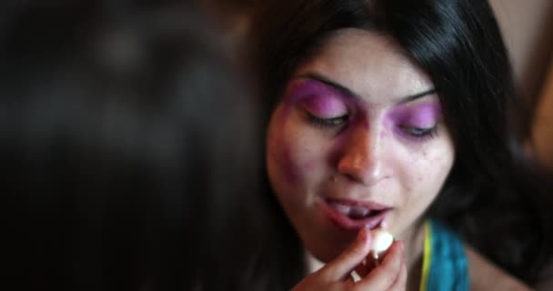 Daughter Applying Makeup Mother Face — Vídeo de Stock