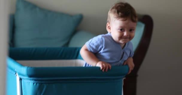 Happy Smiling Baby Standing Crib — Video