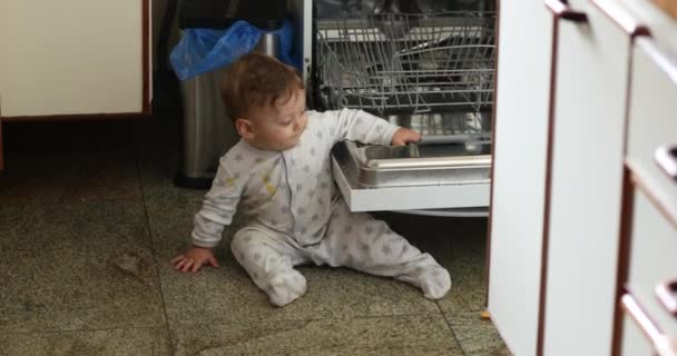 Candid Authentic Baby Seated Kitchen Playing Next Dishwasher — Stockvideo
