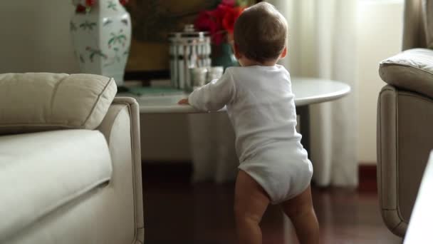 Adorable Cute Baby Holding Furniture Learning Stand — Stockvideo