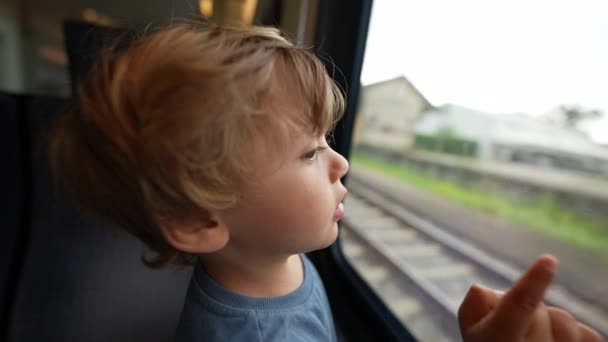 Child Travels Train Leaning Window Pointing Landscape Passing — Vídeo de stock