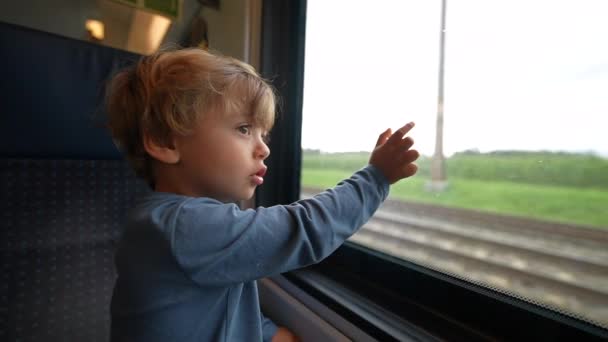 Little Boy Looking Out Train Window Pointing Landscape Passing — Vídeo de Stock