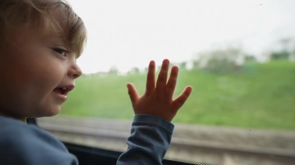 Small Boy Leaning Train Window Travels Railroad — 비디오