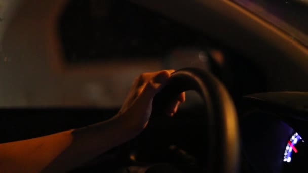 Hands Holding Steering Wheel Driving Night Slow Motion — Vídeo de stock