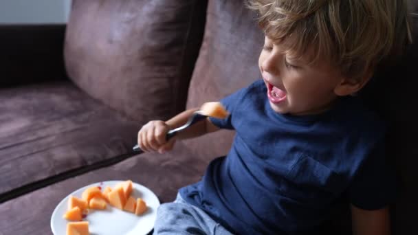 Small Boy Eating Healthy Dessert Melon Orange Fruit — Wideo stockowe