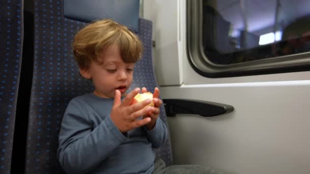 Child Eating Apple Train Little Boy Eats Healthy Snack — Vídeo de Stock