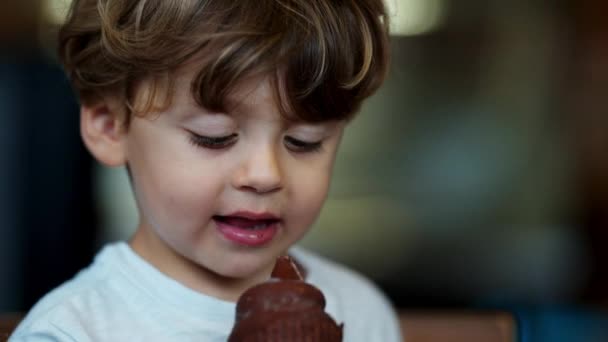 Child Eating Chocolate Ice Cream Candid Little Boy Eats Sweet — Stok video