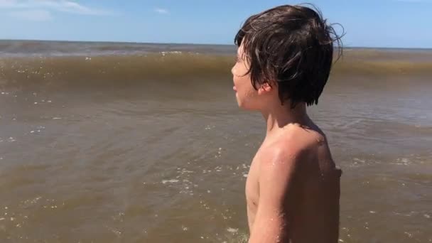 Niño Huyendo Las Olas Playa Estrellándose Orilla — Vídeo de stock