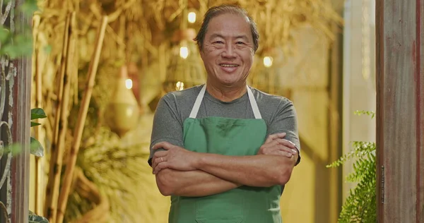 Asian American Business Owner Wearing Apron Crossing Arms Smiling Portrait — Stock fotografie