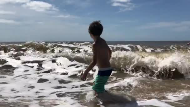 Młody Chłopiec Bawiący Się Plaży Falami Oceanu — Wideo stockowe