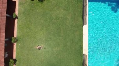 Çocuk havuzun içinde koşuyor ve zıplıyor. Hava dikey sahnesi