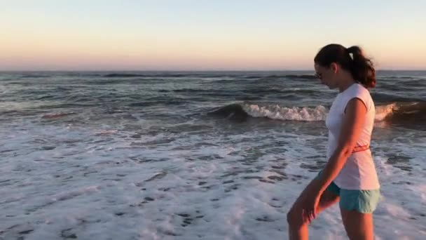 Woman Walks Beach Shore Sunset — Stock Video