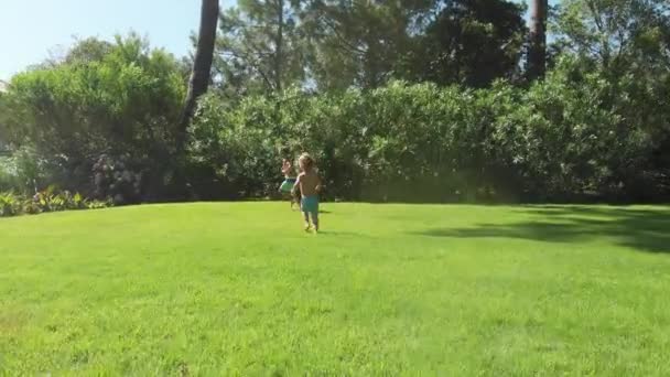 Children Running Outdoors Green Lawn — Stockvideo