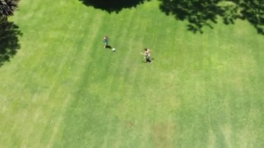 Children playing soccer, aerial vertical perspective of kids playing football
