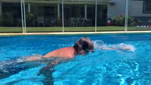 Older Man Swimming Home Pool Outdoors — Stockvideo