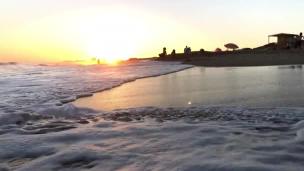 Beach Scene Wave Arriving Shore Golden Sunset Time — Stok video