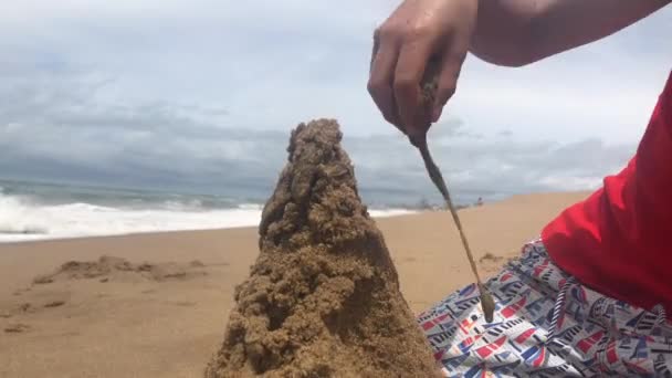 Child Playing Sand Beach Building Mountain — Video Stock