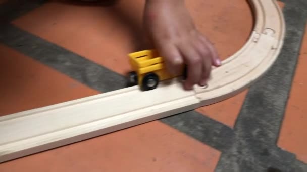 Toddler Playing Wooden Toys Car — Vídeo de Stock