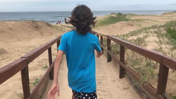 Parte Trás Criança Caminhando Direção Praia Usando Caminho — Vídeo de Stock