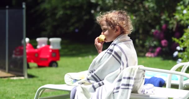 Child Boy Eating Corn Outdoors — Stock video