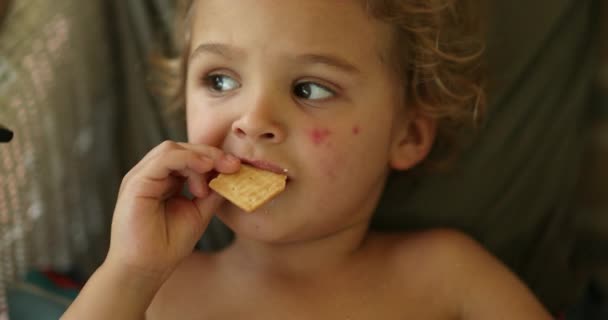 Candid Infant Eating Cracker Lost Thought — Stok video