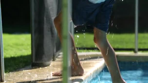 Kid Stepping Out Poolside Child Jumping Backwards — Stockvideo