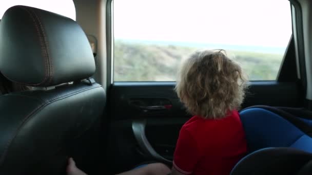 Toddler Boy Back Seat Car Looking Window — Stockvideo