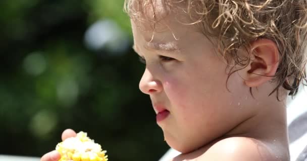 Παιδί Που Τρώει Καλαμπόκι Κοντινό Πλάνο — Αρχείο Βίντεο