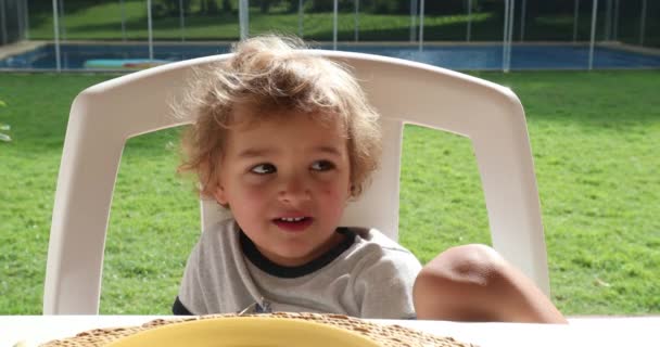 Portrait Blonde Baby Boy Seated Home Backyard — Video