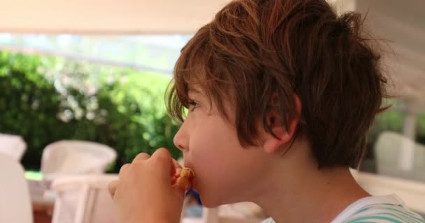 Child Eating Crepe Breakfast Morning Kid Eats Food Real Life — Vídeo de Stock