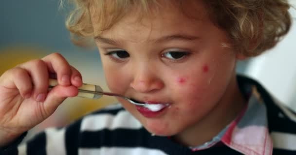 Baby Toddler Boy Eating Yogurt Spoon — Vídeo de stock
