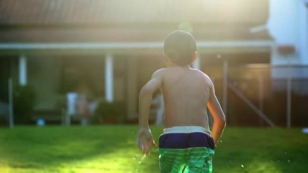 Kid Running Outdoor Home Garden Sunlight Flare — Video Stock