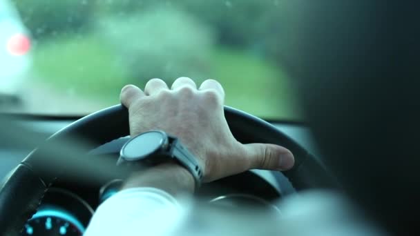 Hands Holding Steering Wheel Driving Road — Vídeo de stock