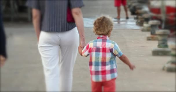 Child Boy Holding Mom Hand Walking — Vídeos de Stock