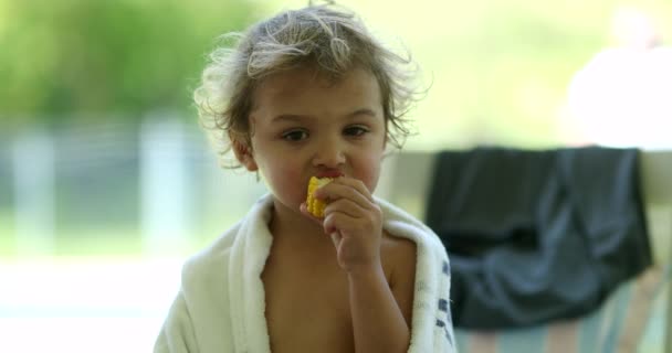 Child Boy Eating Corn Outdoors — Video Stock