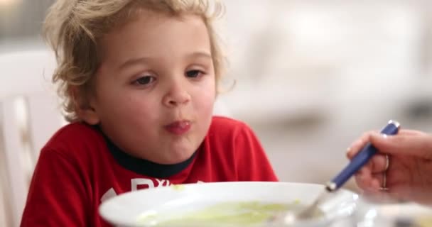 Feeding Baby Toddler Boy Soup Supper — Vídeos de Stock
