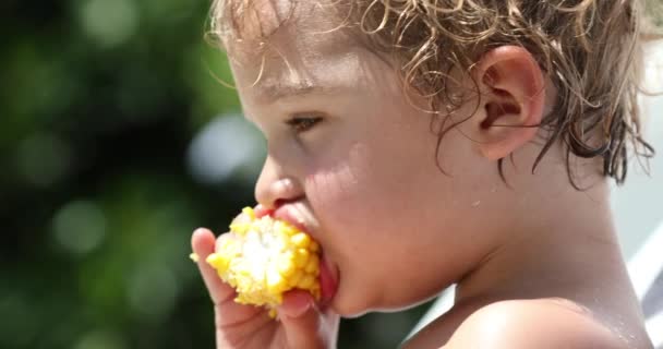 Child Eating Corn Close View — ストック動画