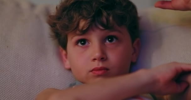 Child Watching Screen Portrait Close Young Boy Staring Screen Night — Stockvideo