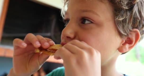 Child Boy Eating Pancake — Stockvideo