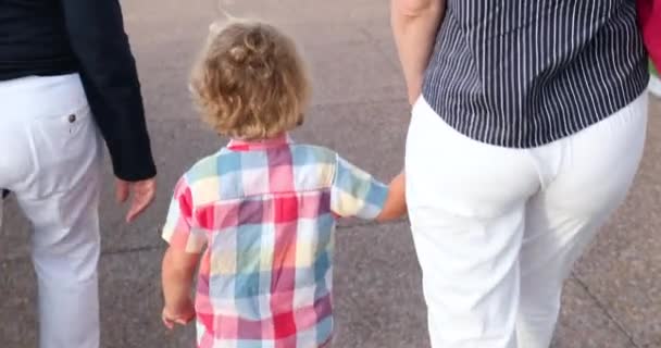 Παιδί Ετών Αγόρι Που Κρατά Χέρι Της Μητέρας Περπατώντας Έξω — Αρχείο Βίντεο
