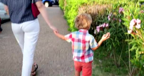Μαμά Και Παιδί Γιος Περπατούν Μαζί Έξω — Αρχείο Βίντεο