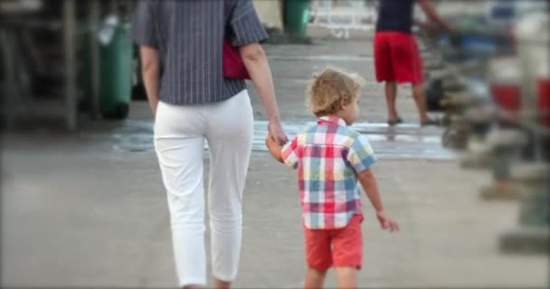 Mom Holding Son Child Boy Hand Walking Harbor — Vídeos de Stock
