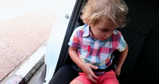 Маленький Мальчик Снимает Ремень Безопасности — стоковое видео